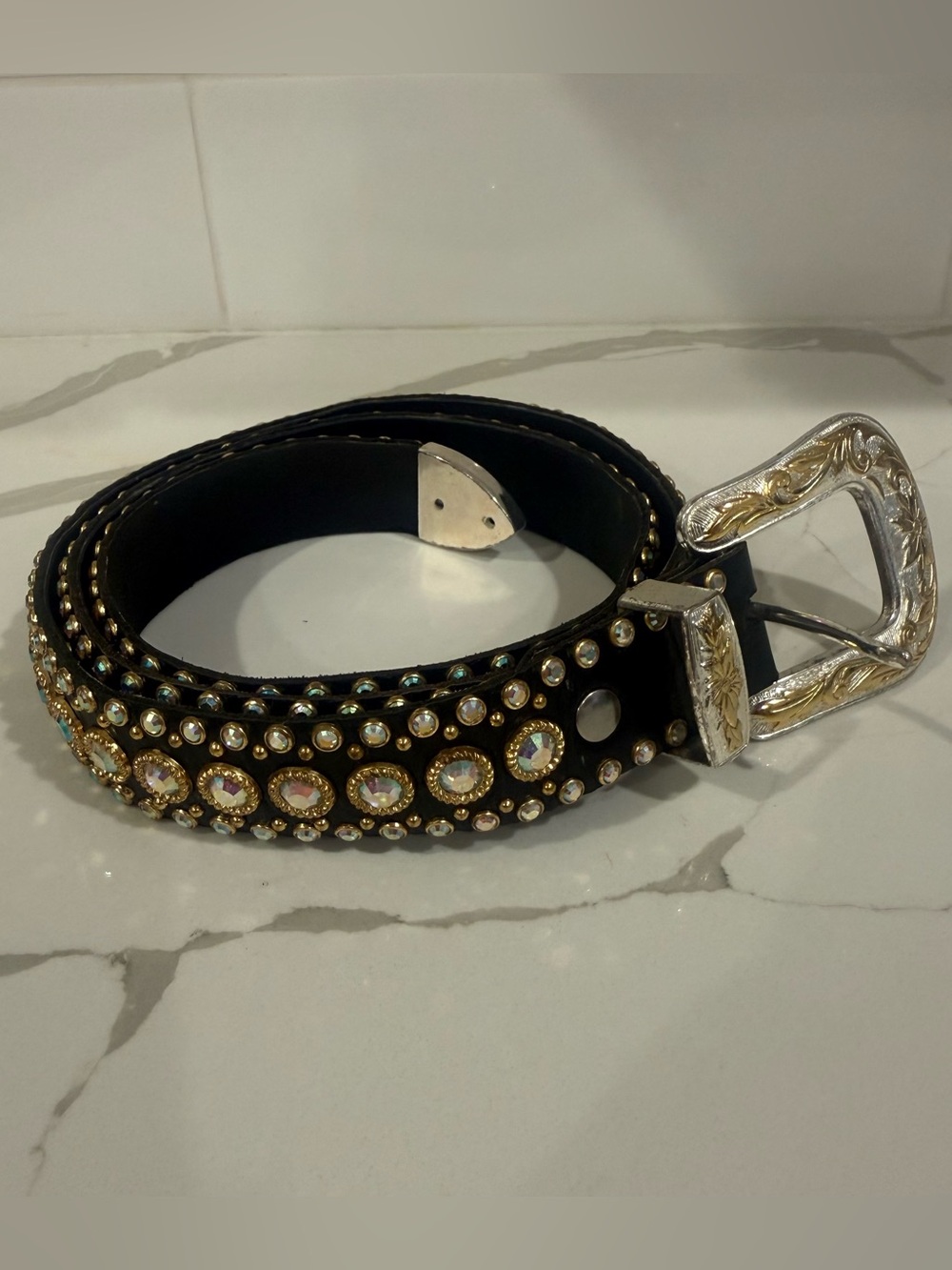 Kippys Black Crystal Belt with Silver and Gold Tone Buckle